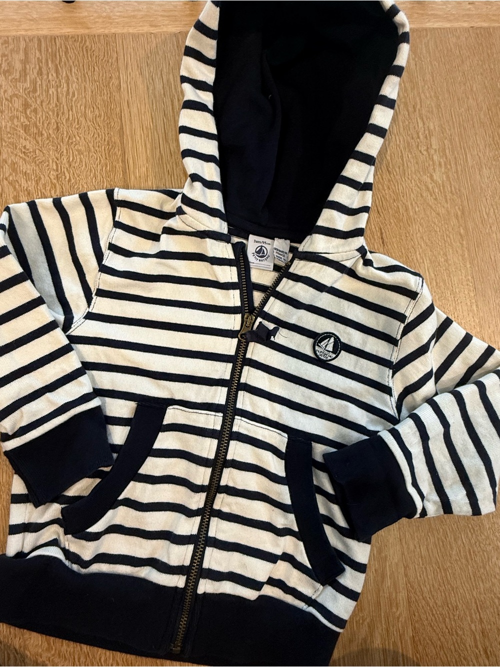 Petit Bateau Striped Navy & White Hooded Zip-Up for Kids size 3